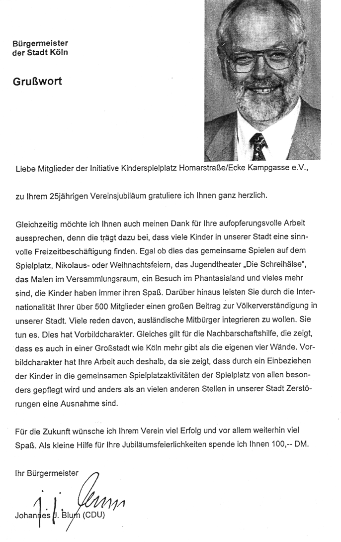 Grusswort zum 25-j�hrigen Jubil�um von B�rgermeister der Stadt K�ln Johannes J. Blum