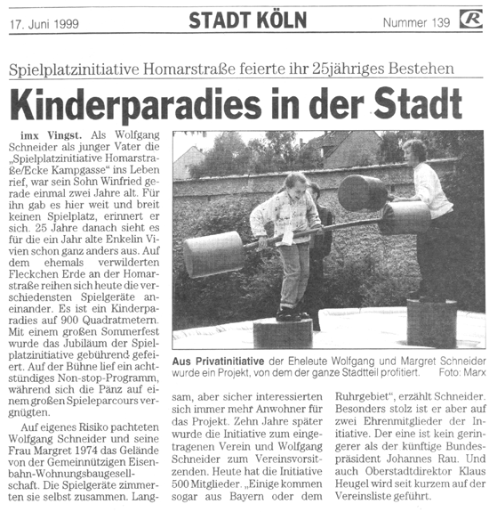 Artikel zum 25-j�hriges Bestehen der InitiativeInitiative: "KINDERPARADIES" in der Stadt"