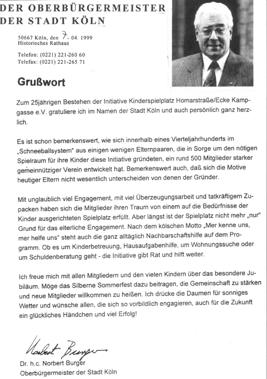 Bild: Gru�wort von Oberb�rgermeister Norbert Burger zum 25zigsten Jubil�um"- Initiative Kinderspielplatz Homarstra�e / Ecke Kampgasse e.V., K�ln Vingst
