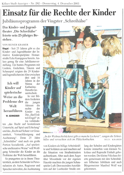 Einsatz f�r die Rechte der Kinder - Jubil�umsprogramm der Vingster "Schreih�lse"